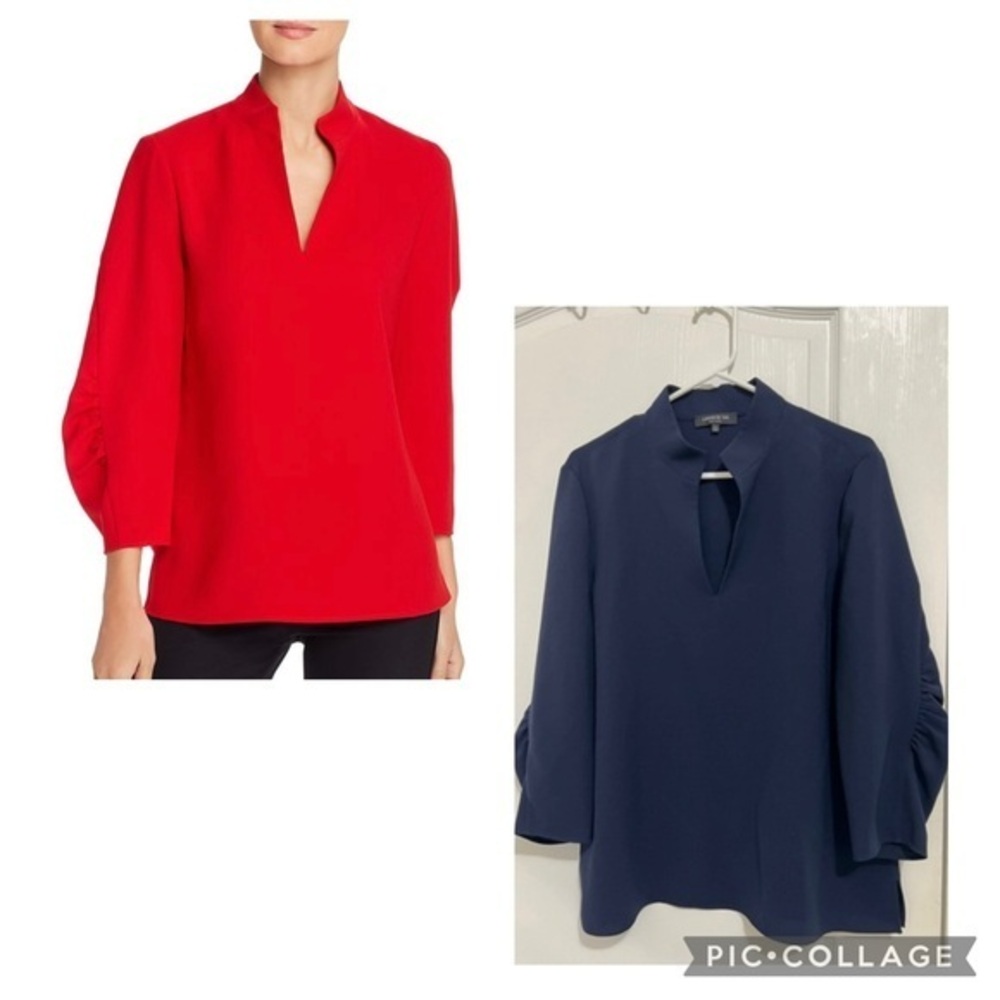 Lafayette 148 New York Blue navy Loretta Ruched 3/4 Sleeve Blouse size L
